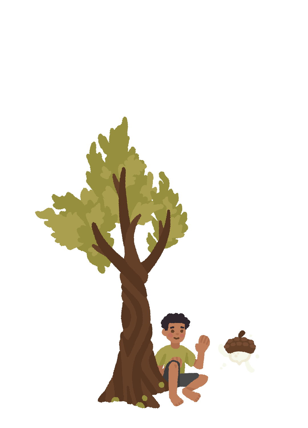A child sits under the tree